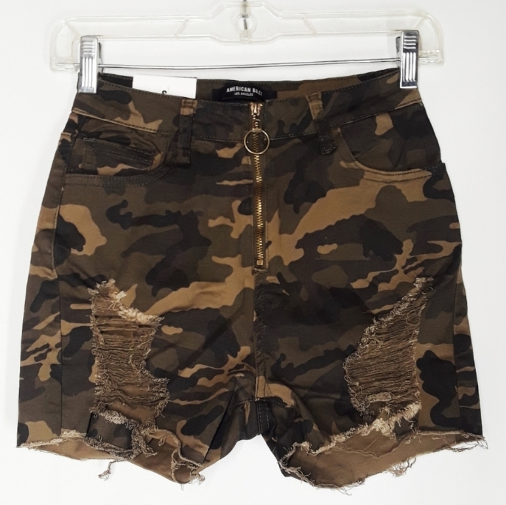 AMERICAN BAZI Olive Green Brown Camo Print Distressed Twill Bermuda Shorts S NWT